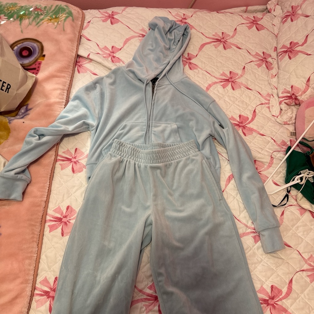 Forever 21 Soft Blue Velour Hoodie Set